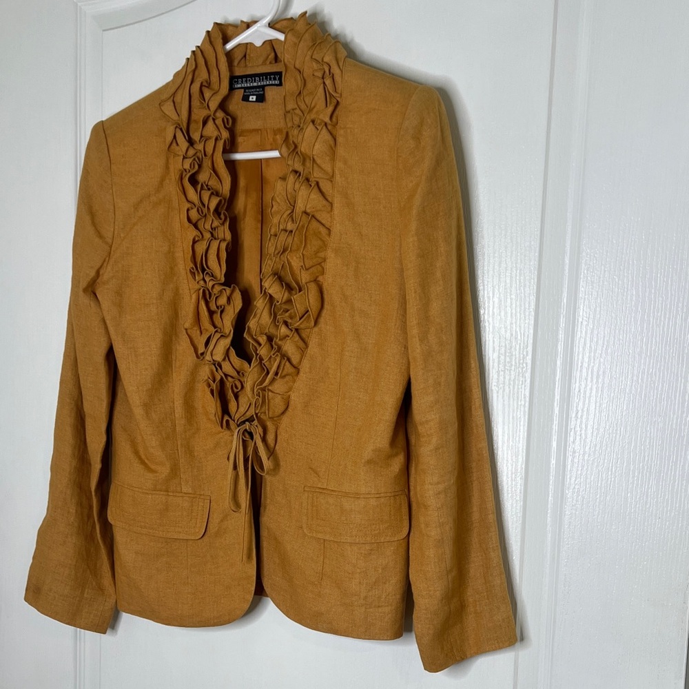 Adrienne Vittadini Ruffled Front Mustard-Tone Blazer